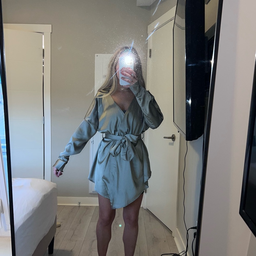 missguided satin sage green wrap blouse - size 4